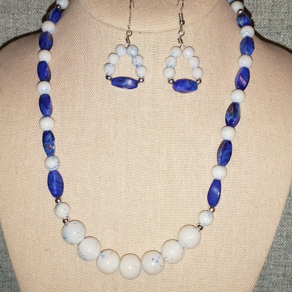 Blue and White Marble-Style Glass bead Necklace and Earring set - Picture 1 of 8